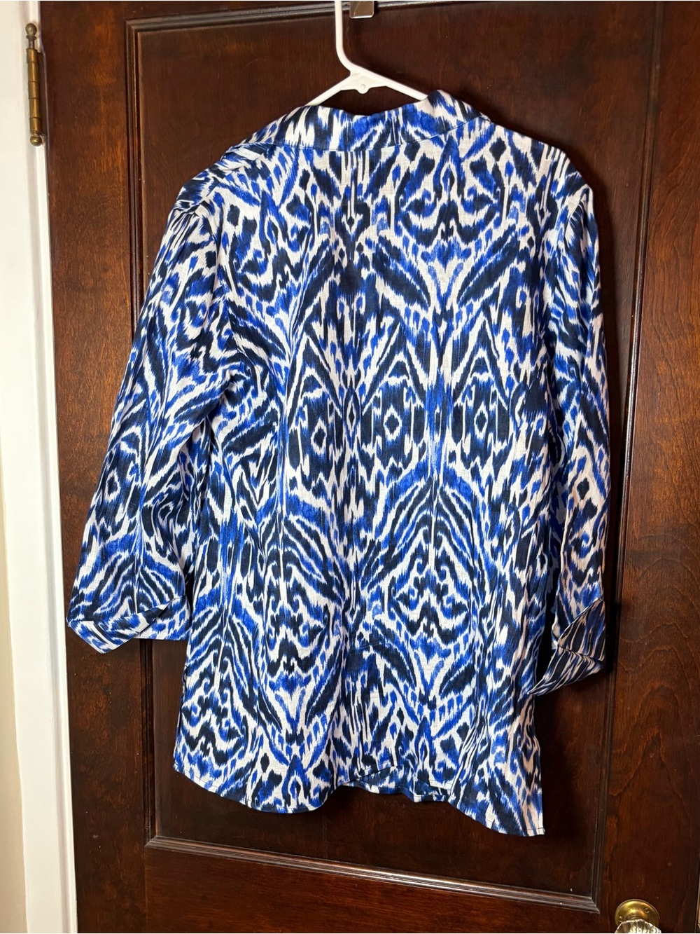 Chico's Shirt Sz 2 Large Linen Women’s Blue/White Ikat Abstract 100% Linen Tunic - Picture 2 of 11